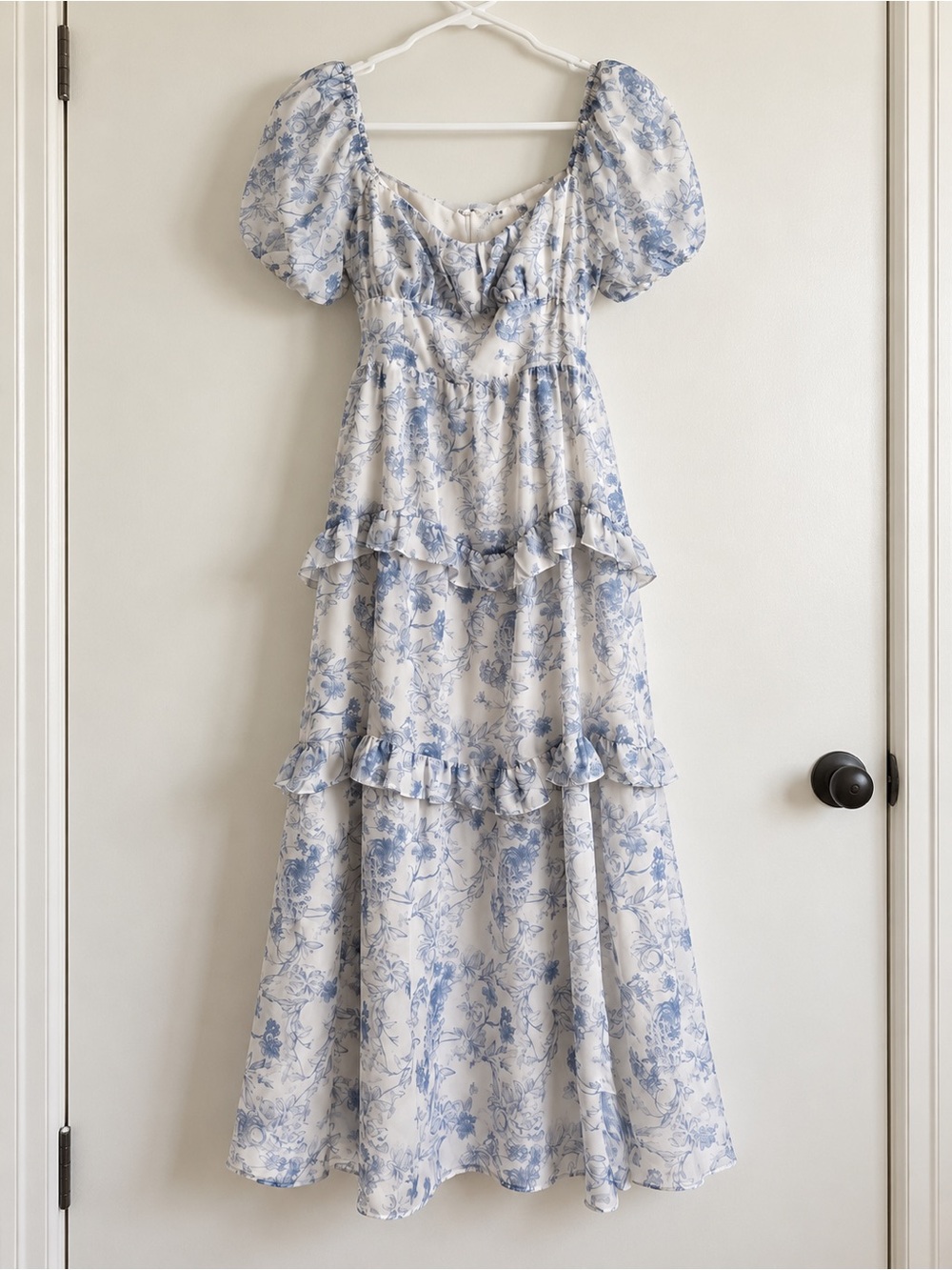 Lush Blue Floral Tiered Ruffle Maxi Dress Puff Sleeve Size Large